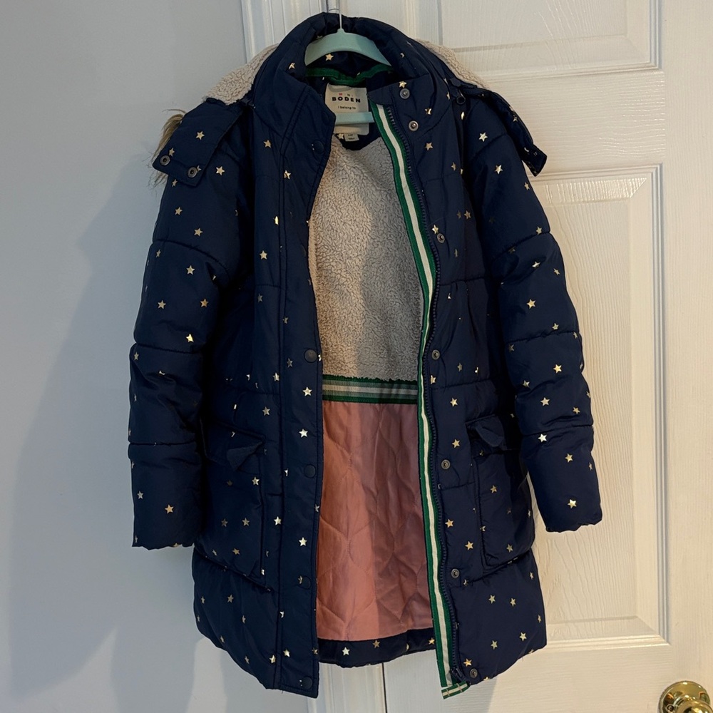Mini Boden Navy Star-Print Quilted Puffer Coat with Hood